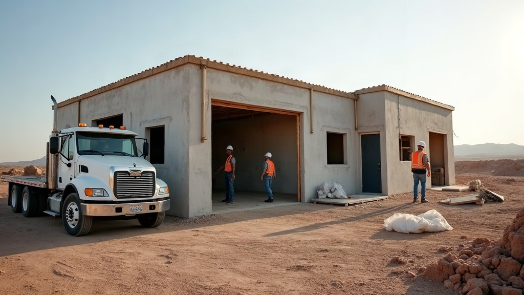 Construction crew in hard hats working on a commercial jobsite in the Southwest