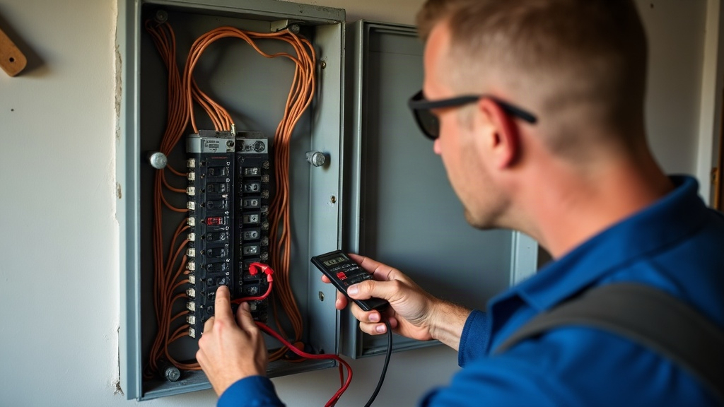 Electrician testing a breaker with a multimeter inside an open residential electrical panel