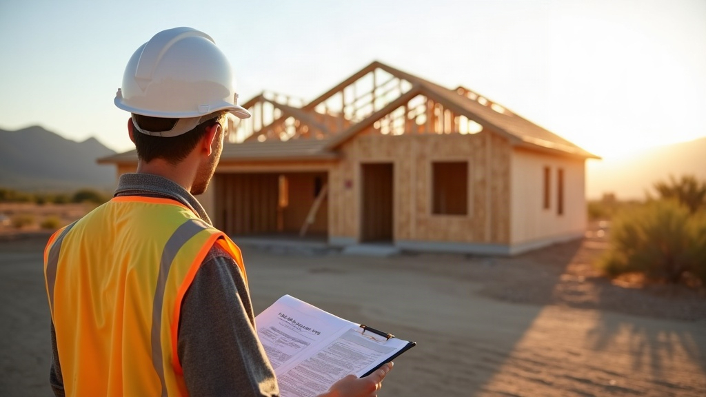 New home under construction with framing complete, builder reviewing plans on site