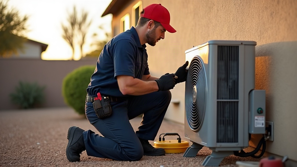 HVAC service technician checking refrigerant gauges on a residential condenser unit outside a home at dusk