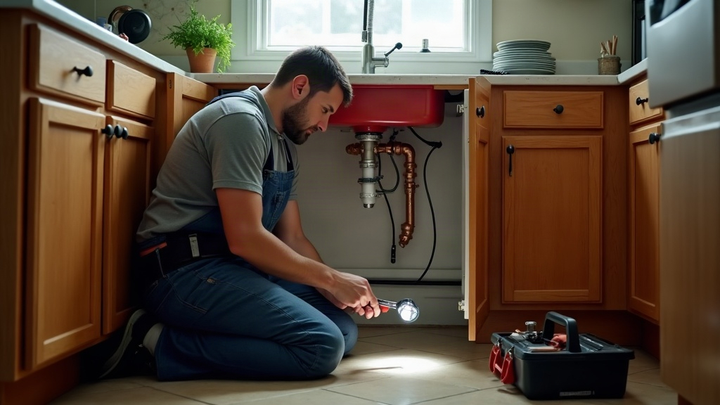 Plumber working under a residential kitchen sink with a wrench and headlamp